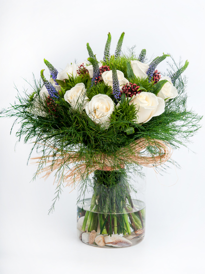 White Roses in Glass Vase